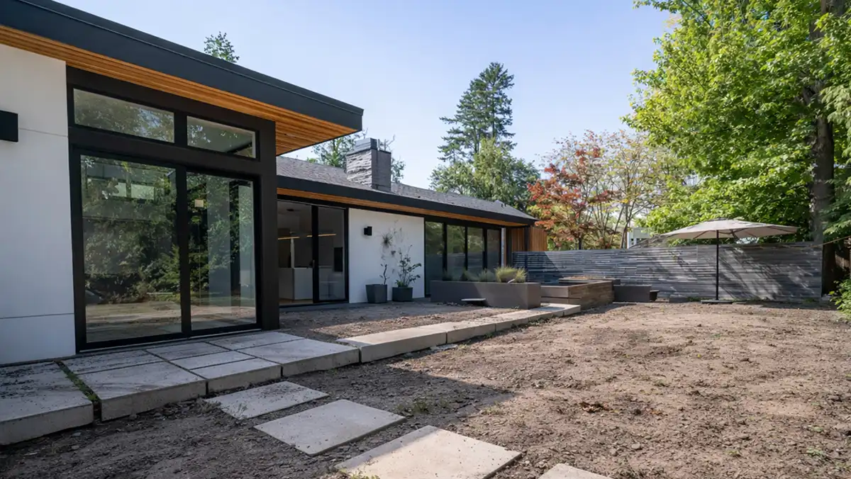 Unfinished backyard with dirt ground, before outdoor renovation