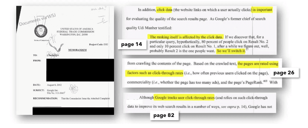 FTC documents that show that Google uses Clicks in Search Engine Ranking Algorithms