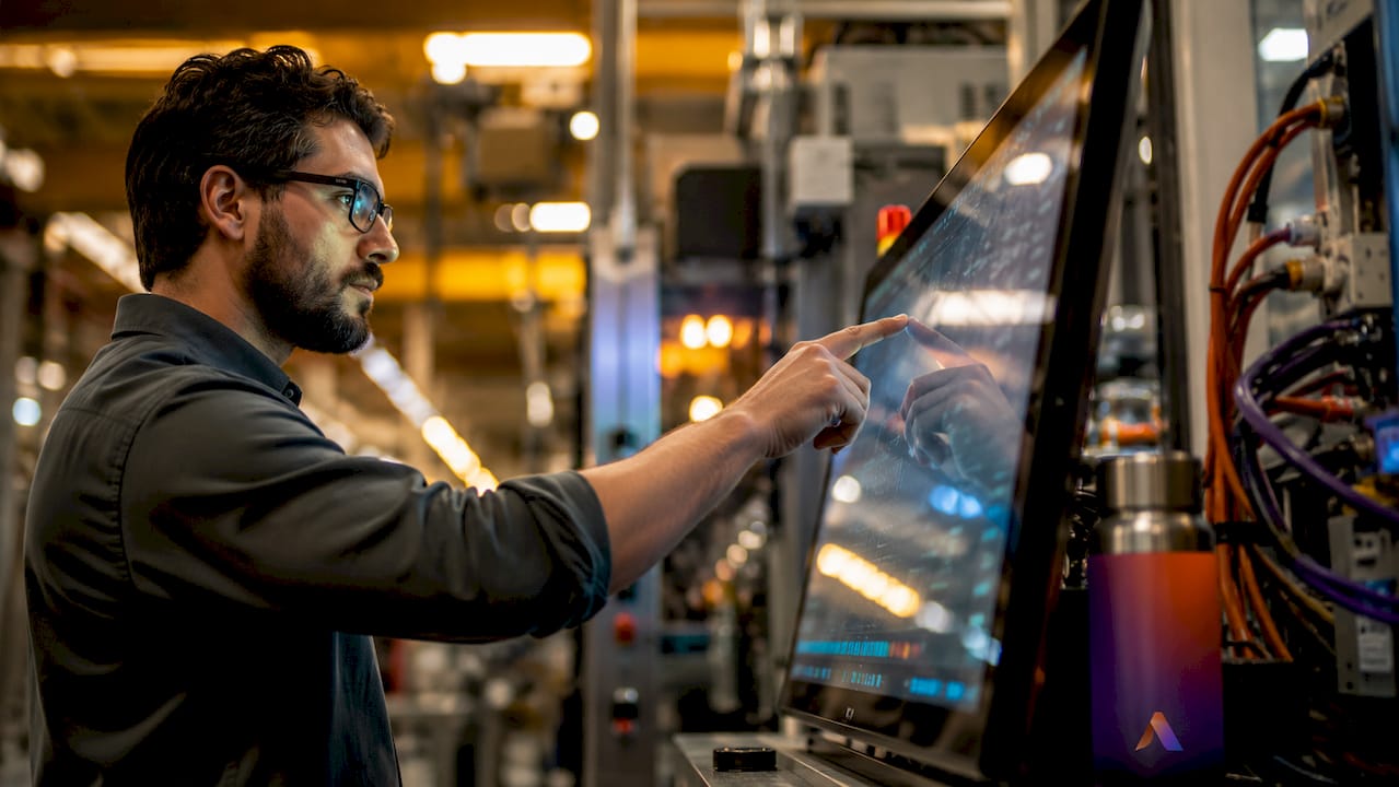Technician interacting with industrial AI control panel