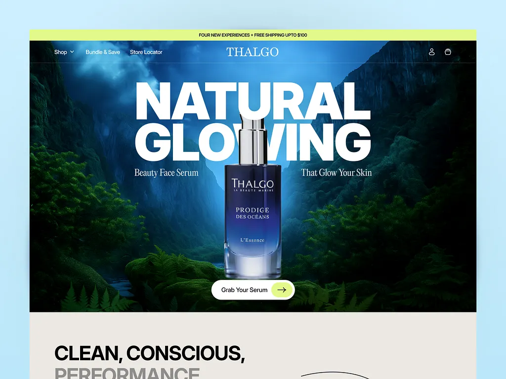 Beauty skincare website hero featuring a Thalgo face serum bottle against a lush forest background with “Natural Glowing” headline.