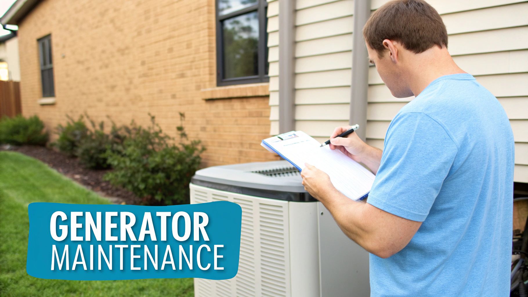 A technician performs generator maintenance, writing on a clipboard next to an outdoor unit and house.