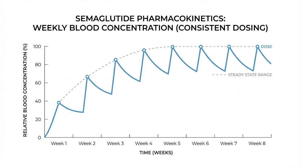 Semaglutide weekly dosing and blood concentration levels