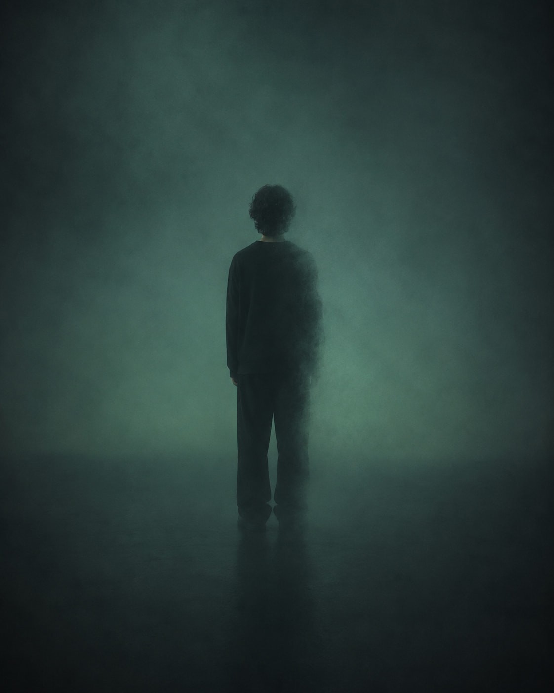 A solitary figure stands in a sea of mist, their form partially dissolving into the surrounding haze as if fading between presence and absence. The cool green tones and ethereal atmosphere evoke themes of impermanence, identity, and the quiet fear of losing oneself.