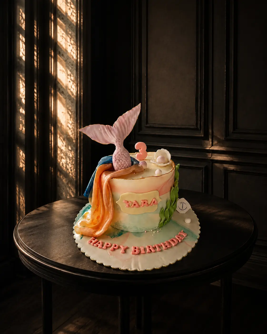 Bespoke mermaid birthday cake for Yara by Chef Touq, featuring a handcrafted sugar mermaid tail, edible fabric draping, pearls, and ocean-inspired details.