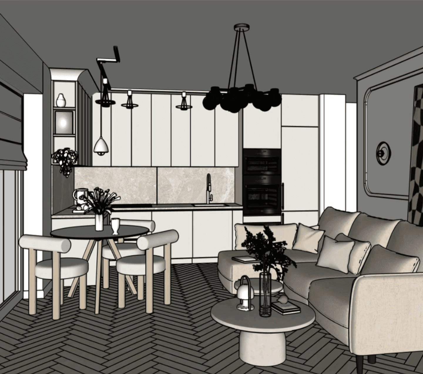 Szablon wizualizacji 3D wnętrza apartamentu pokazujący kuchnię, jadalnię i salon, przygotowany do aranżacji.