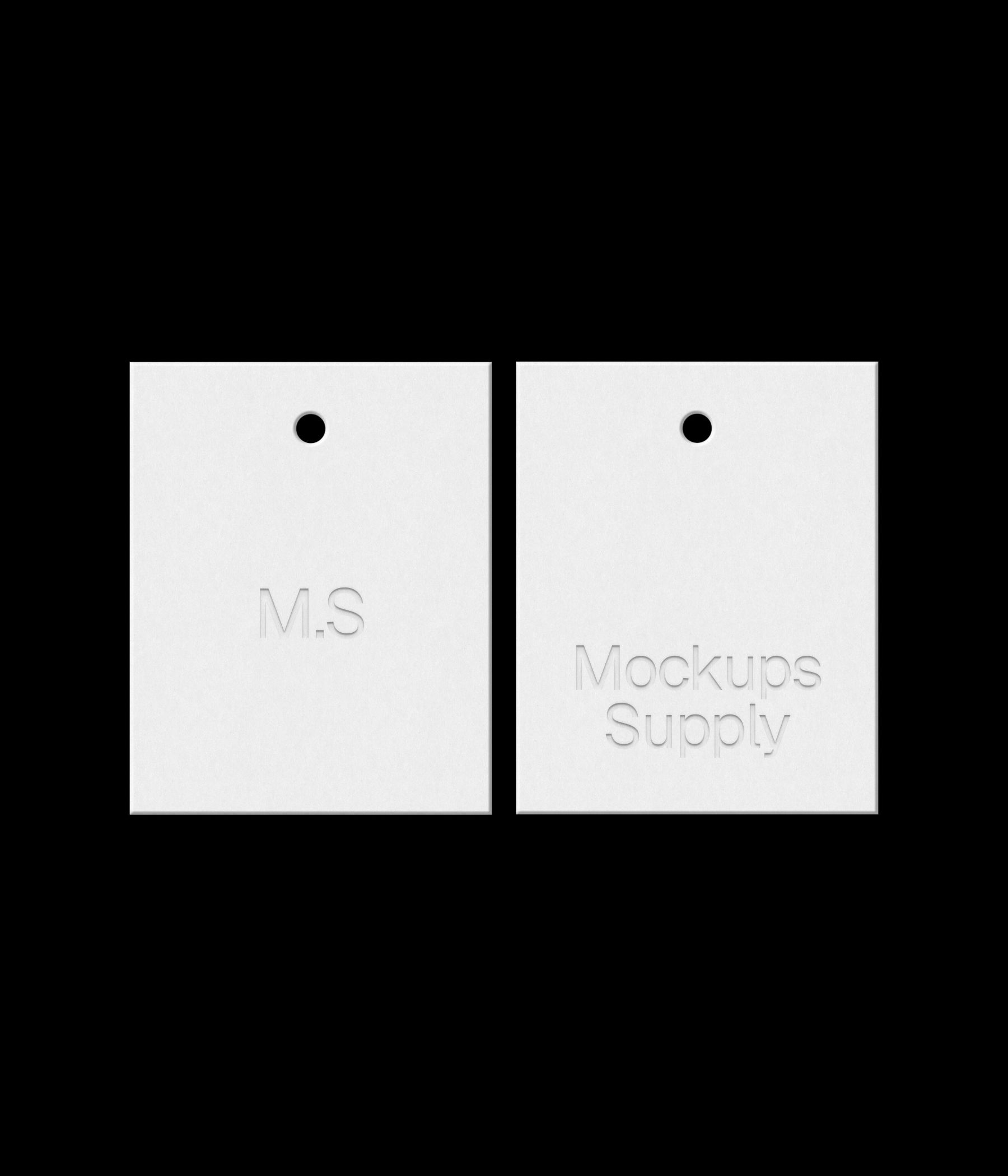 Two white 4x5 hang tags mockup on black background with debossed logo effect for Photoshop download psd