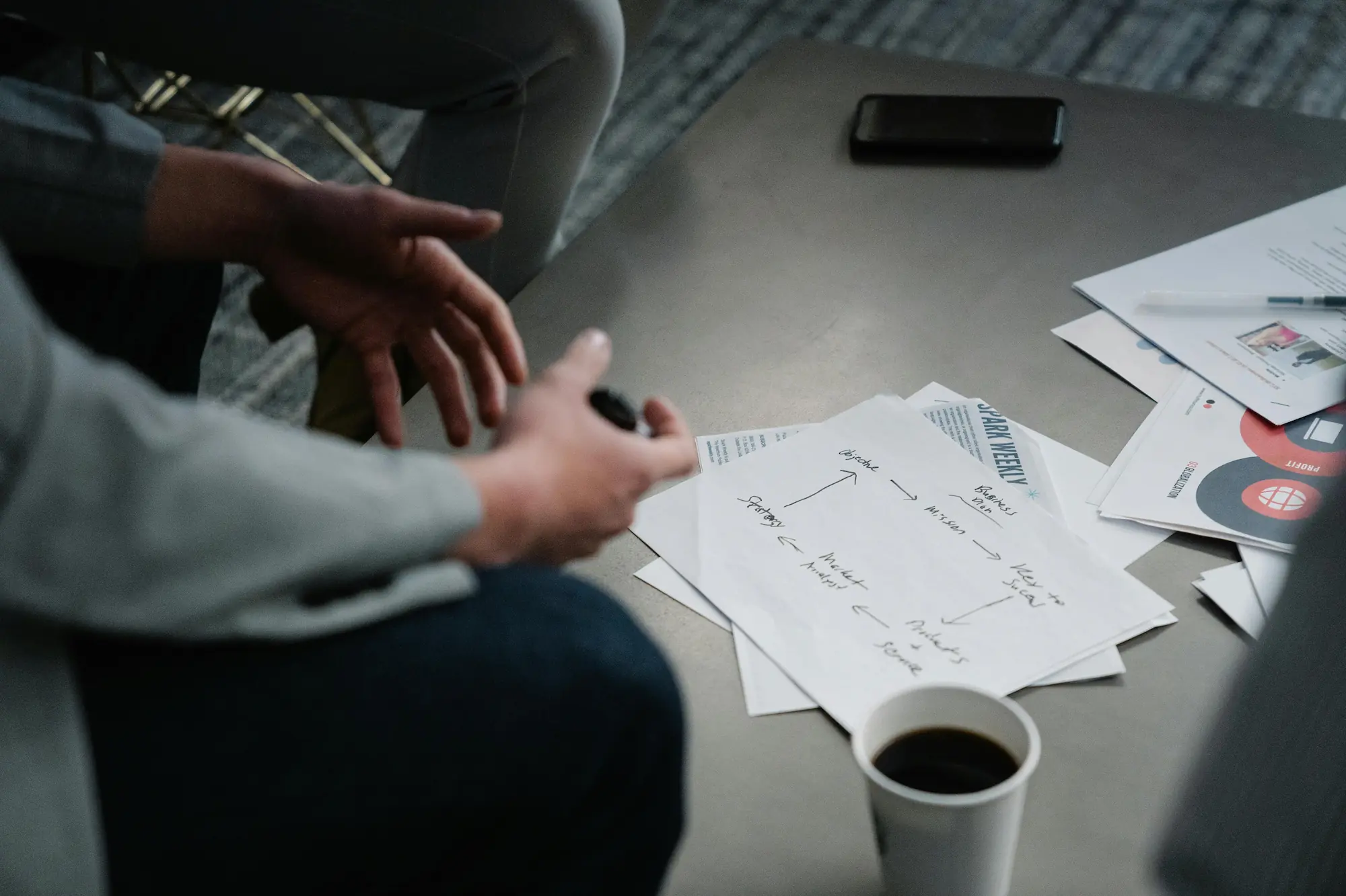 Several people are discussing the strategy while looking at the documents on the table.