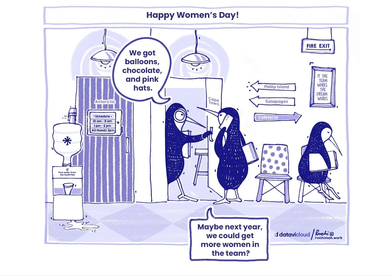 A satirical comic showing two penguins watching a nostalgic television screen that says "Gone With The Wind". One penguin asks, "What happened to our DEI program?" while the other explains that the budget was shifted to buy more AI tools. The comic is titled "Corporate DEI Efforts: Now Streaming, But Only for Nostalgia"