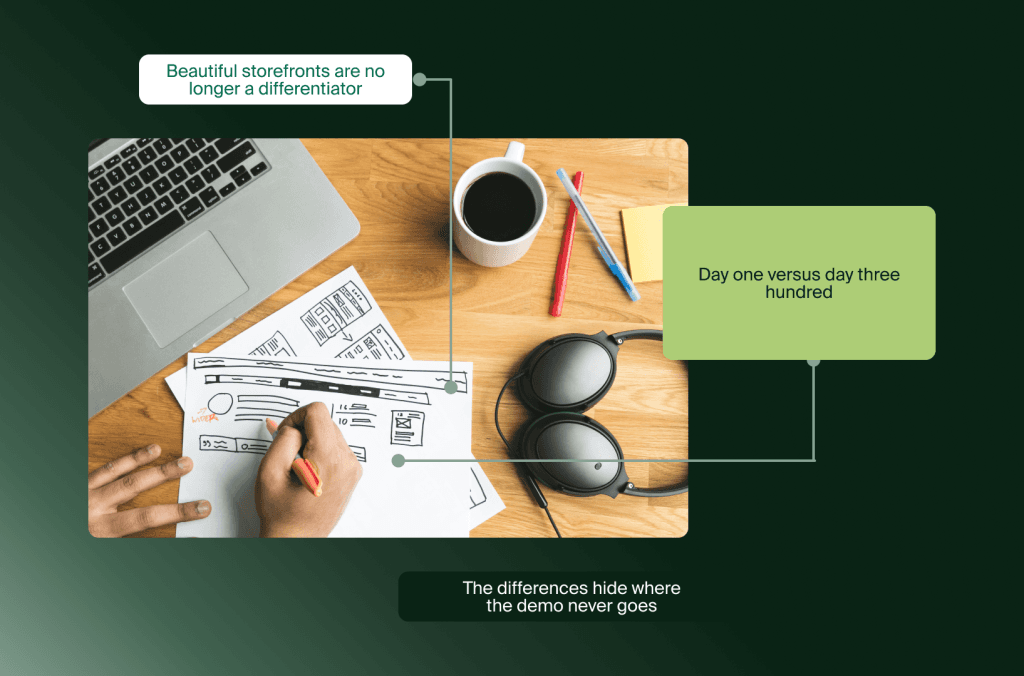 Hände skizzieren Website-Wireframes neben einem Laptop, mit Hinweisen, warum Design kein Unterscheidungsmerkmal ist