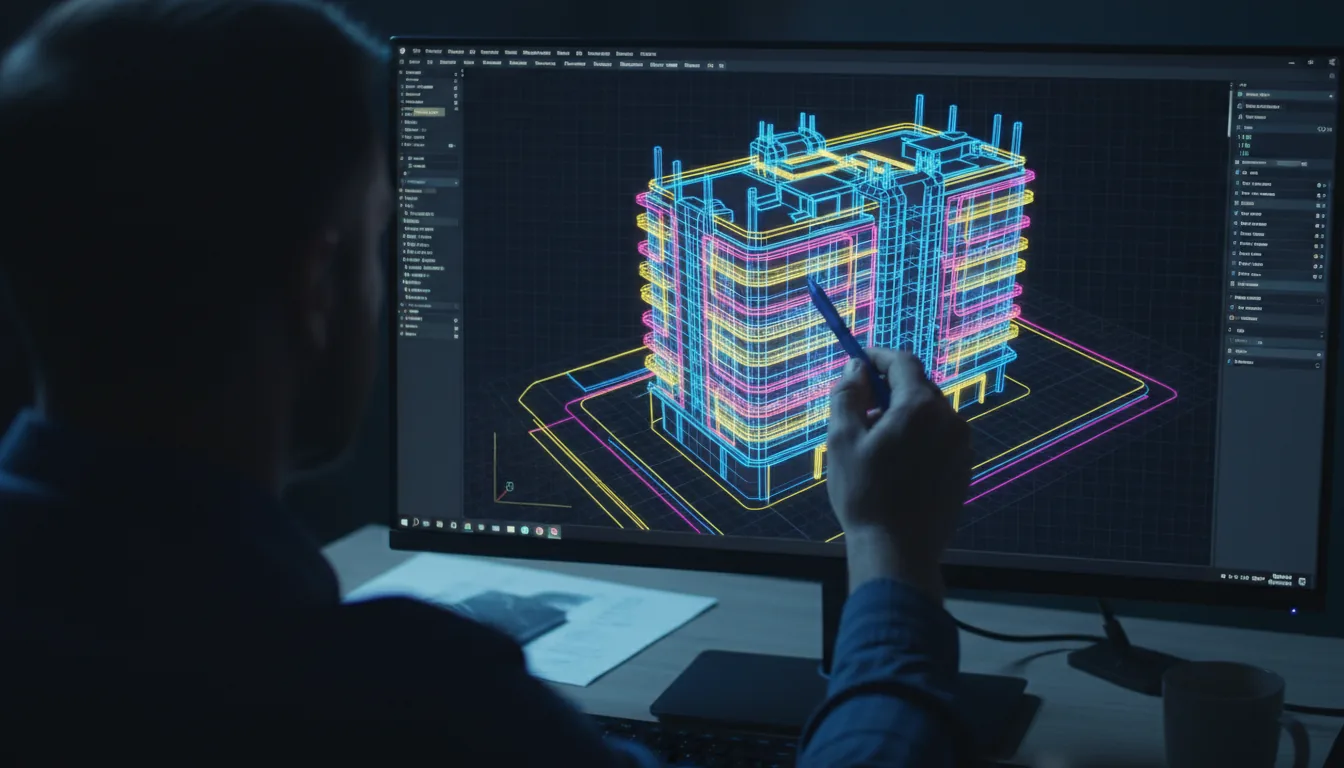 Over-the-shoulder DSLR photography of an architect analyzing a complex 3D CAD model on a large computer monitor. The screen is in sharp focus, displaying a vibrant wireframe of a building with glowing yellow, magenta, and blue lines on a dark interface. The designer's head and shoulder in the foreground are heavily blurred, creating a strong bokeh effect. A hand holding a blue pen points towards the detailed model on the screen. Cool, screen-lit ambient lighting in a dark room.