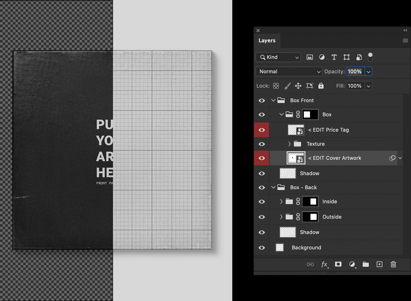 Vintage Reel Tape Box Mockup Photoshop smart object layers and editing interface.