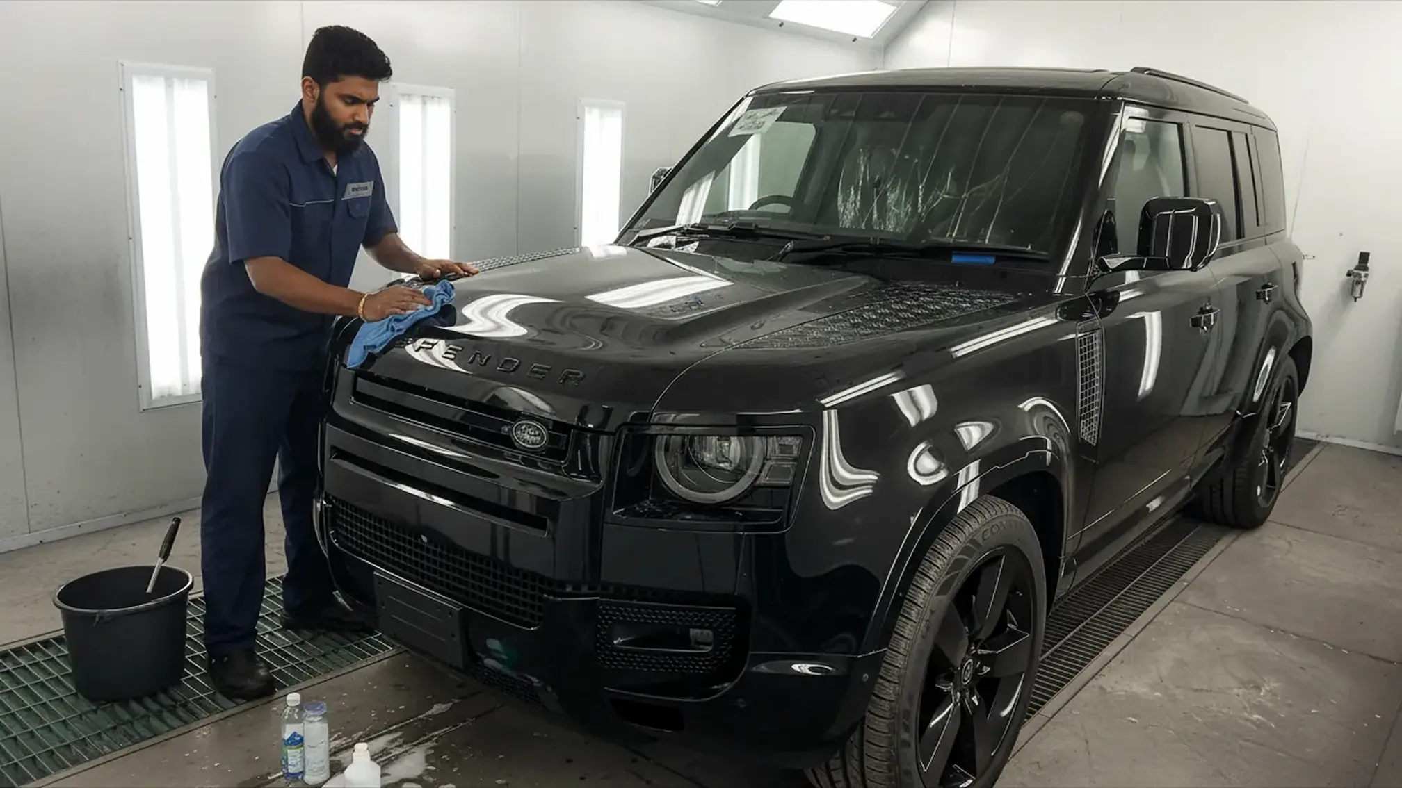 Person at Ideal Premier painting  a car