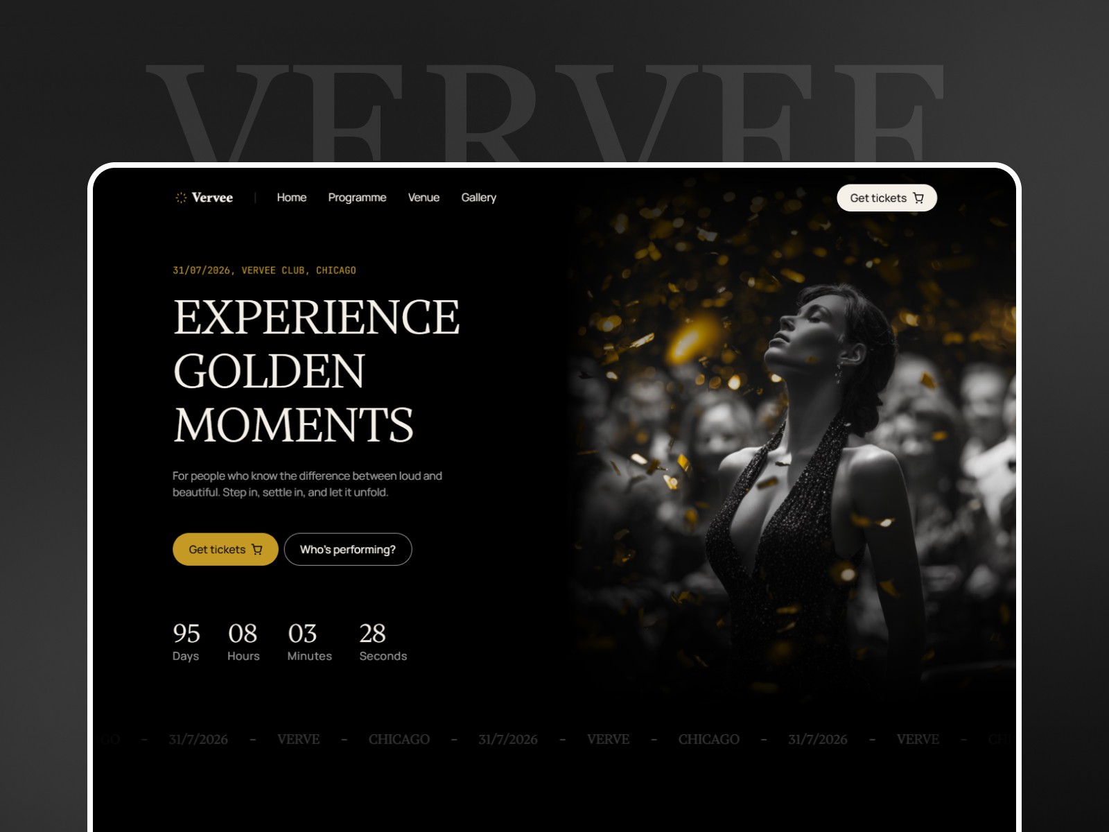 Vervee template hero section — dark luxury event website with countdown timer and performer CTA