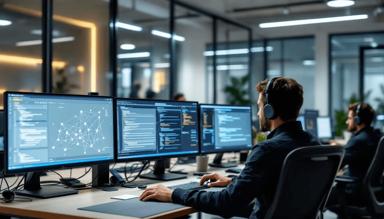 A group of developers is intently working on blockchain code, surrounded by multiple monitors displaying intricate network diagrams related to the bitcoin and lightning networks. The screens showcase various aspects of bitcoin transactions, including payment channels and the differences between on chain and off chain transactions, highlighting the potential for faster and cheaper transactions.