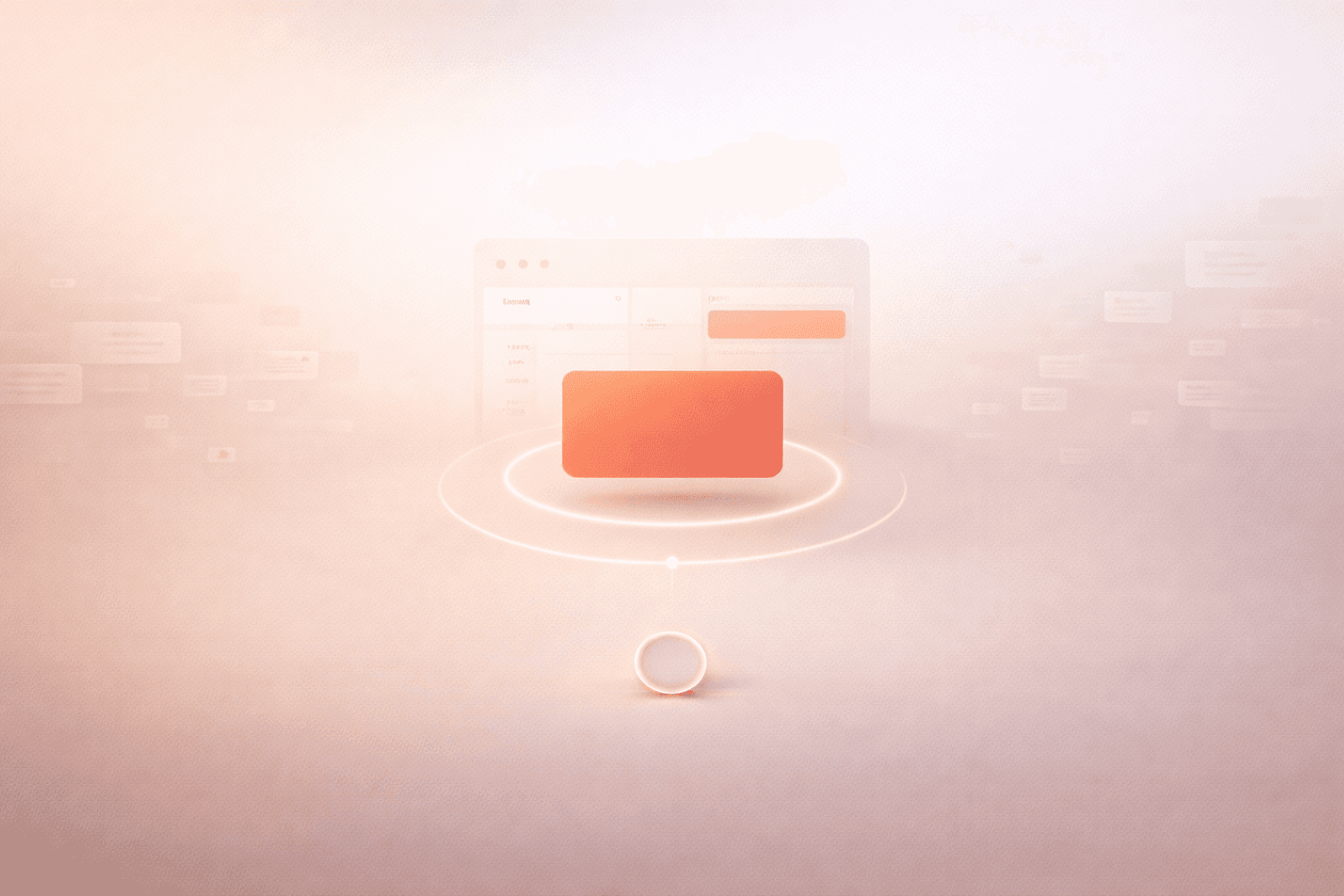 Minimalistische 3D-Illustration auf warmem cremebeigem Hintergrund mit einer schwebenden korallorangenen Fokus-Karte im Zentrum, dahinter ein dezenter Kalenderblock mit hervorgehobenem Zeitsegment, umgeben von verblassenden Benachrichtigungselementen, einem schützenden Leuchtring und einem kleinen Timer-Ring am unteren Rand.