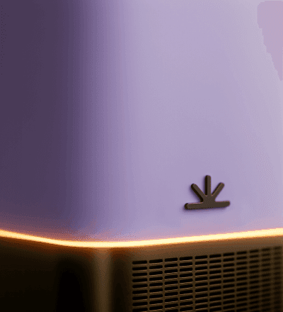 Photo of glowing device with logo on the front
