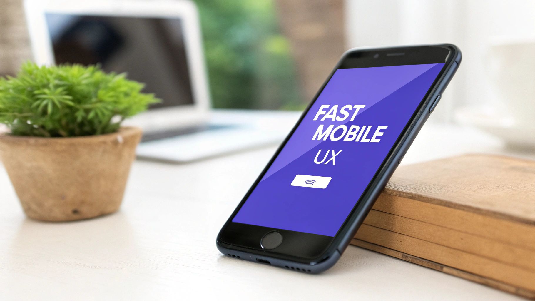A smartphone displaying 'FAST MOBILE UX' on a purple screen, placed on a desk with a plant and blurred laptop.