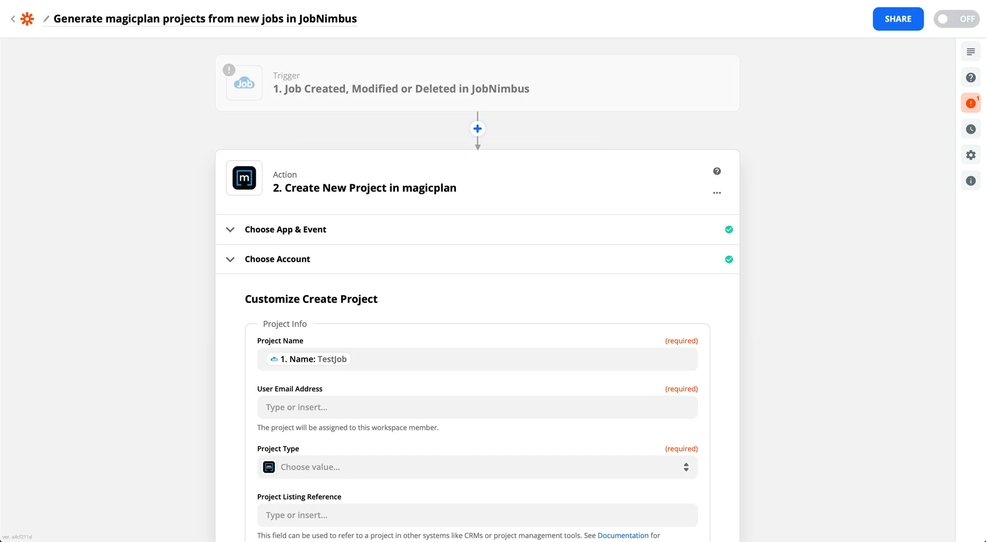 magic plan automation creating new projects from jobnimbus using zapier