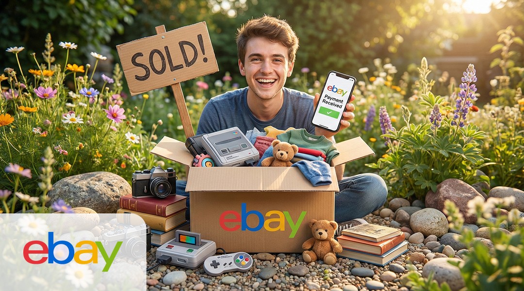 Smiling man outdoors showing an eBay payment confirmation next to a SOLD sign and a box of retro items