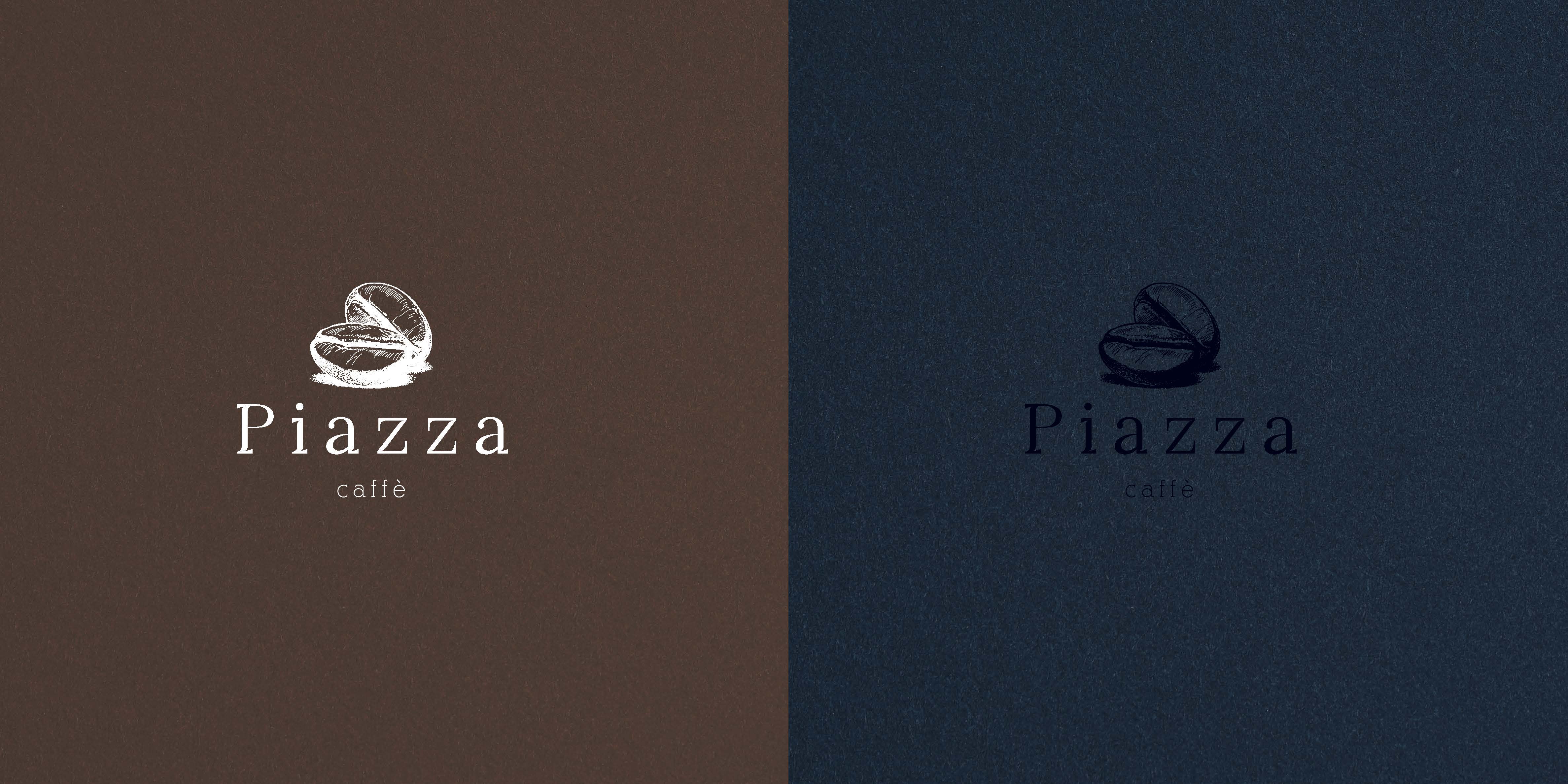Piazza coffee logo variations on brown and dark backgrounds