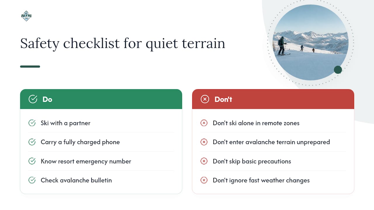 Illustrated overview of considerations for skiing in quieter or remote terrain