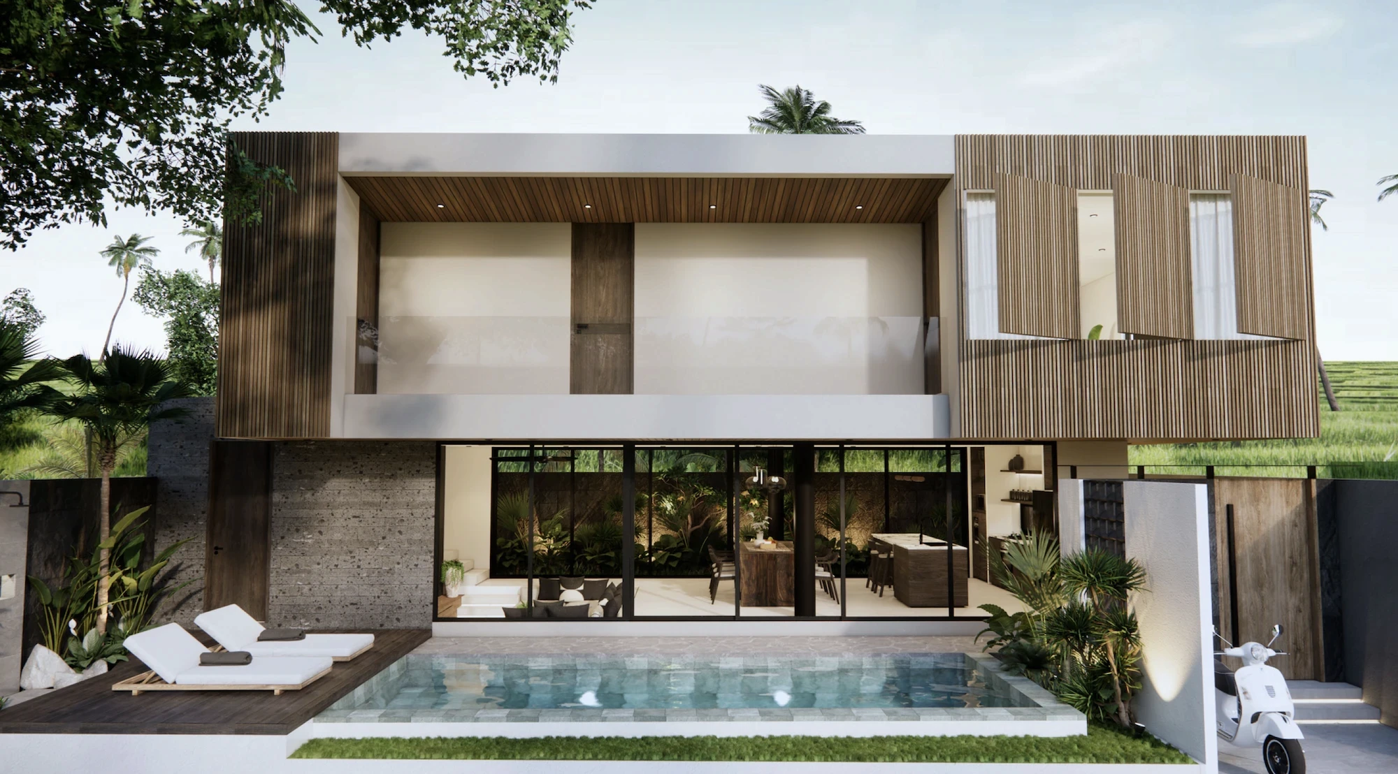 Modern two-story house at Olympus Aeterum with wood accents, large glass windows, and poolside lounge chairs. Surrounded by lush greenery, conveying a serene ambiance.