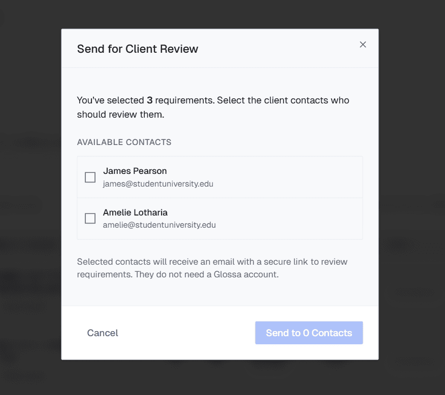 Modal prompting which client contacts to send the 3 selected requirements to
