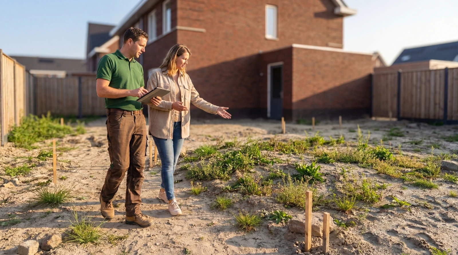 Twee mensen bespreken tuinontwerp op bouwgrond voor een huis.