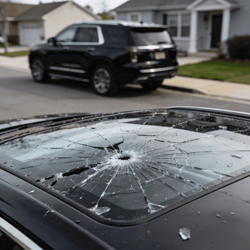 Damaged sunroof glass in neighborhood