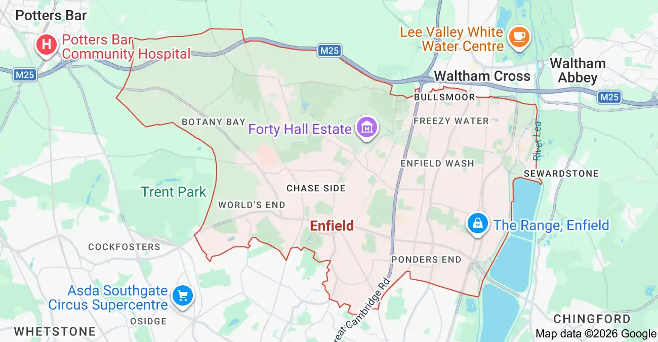 Map of Enfield area showing roads and landmarks