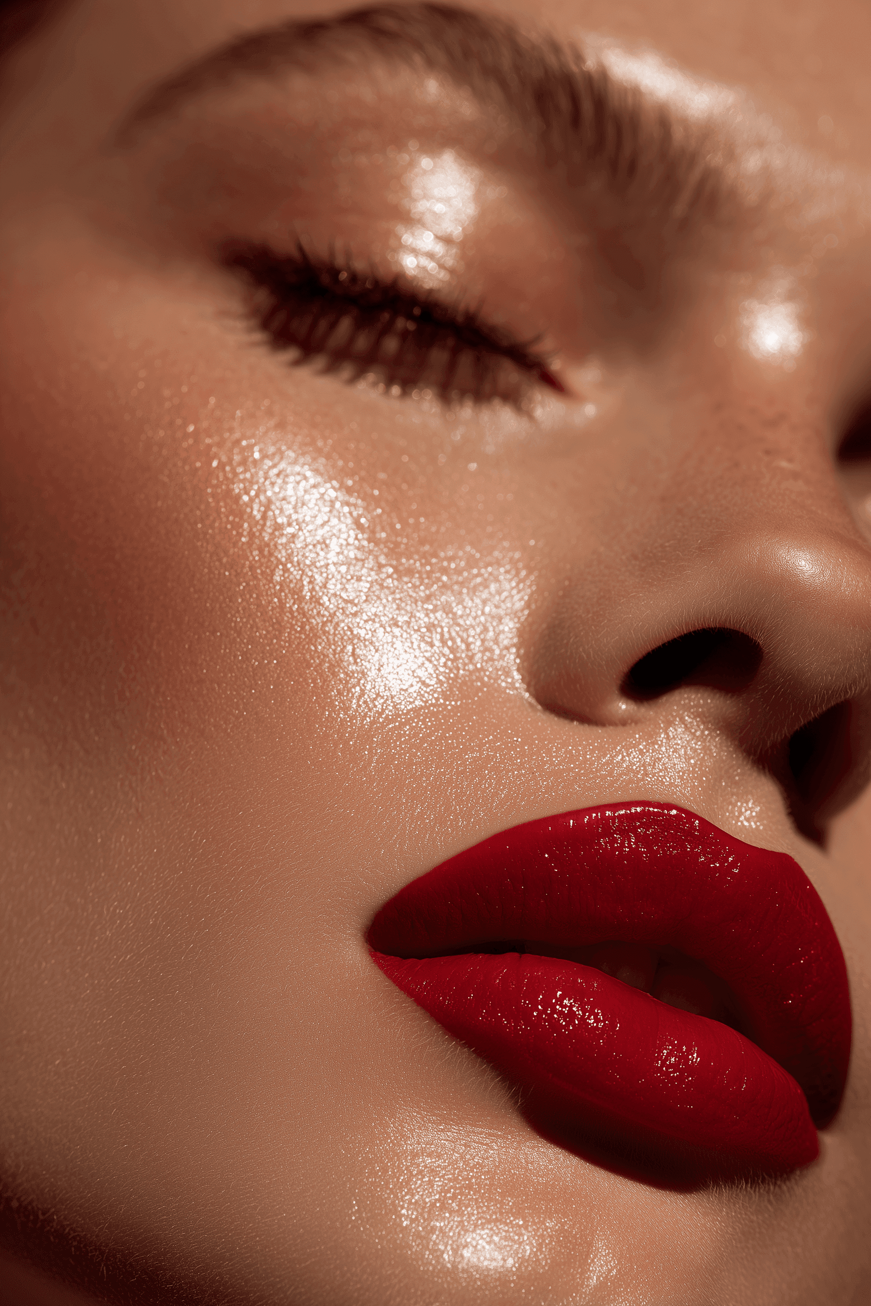 Glossy red lips with soft shining skin texture under studio light
