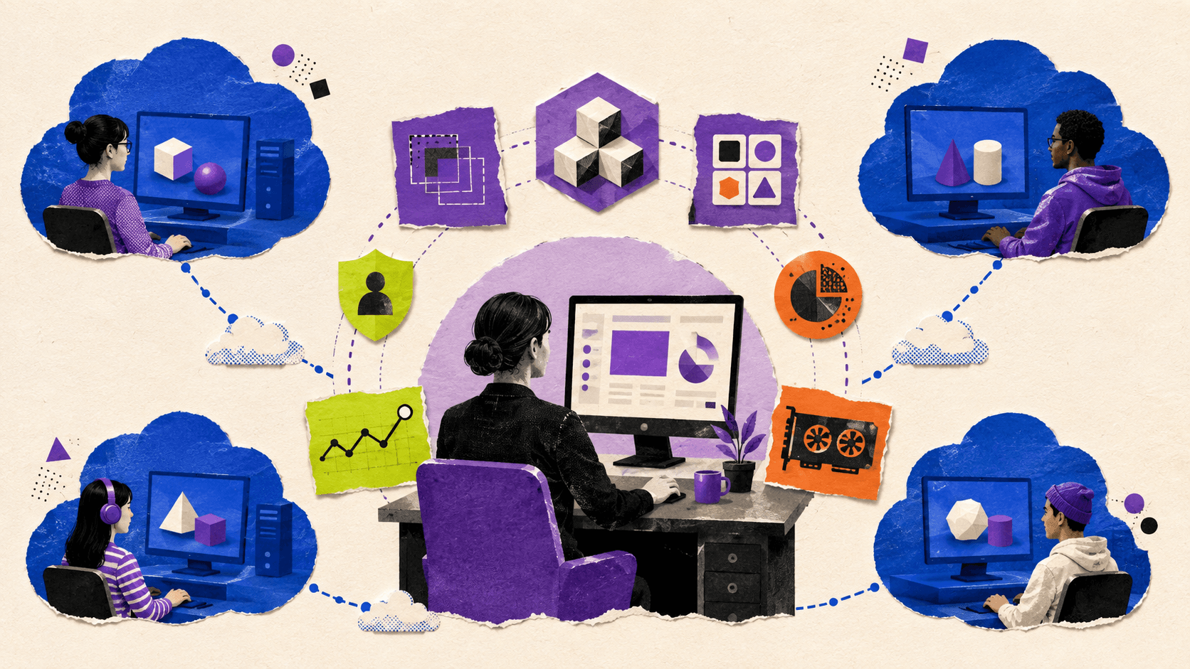 A distributed team receiving assigned cloud computers managed through a central Vagon Teams workspace with templates, permissions, files, budgets, and performance options.