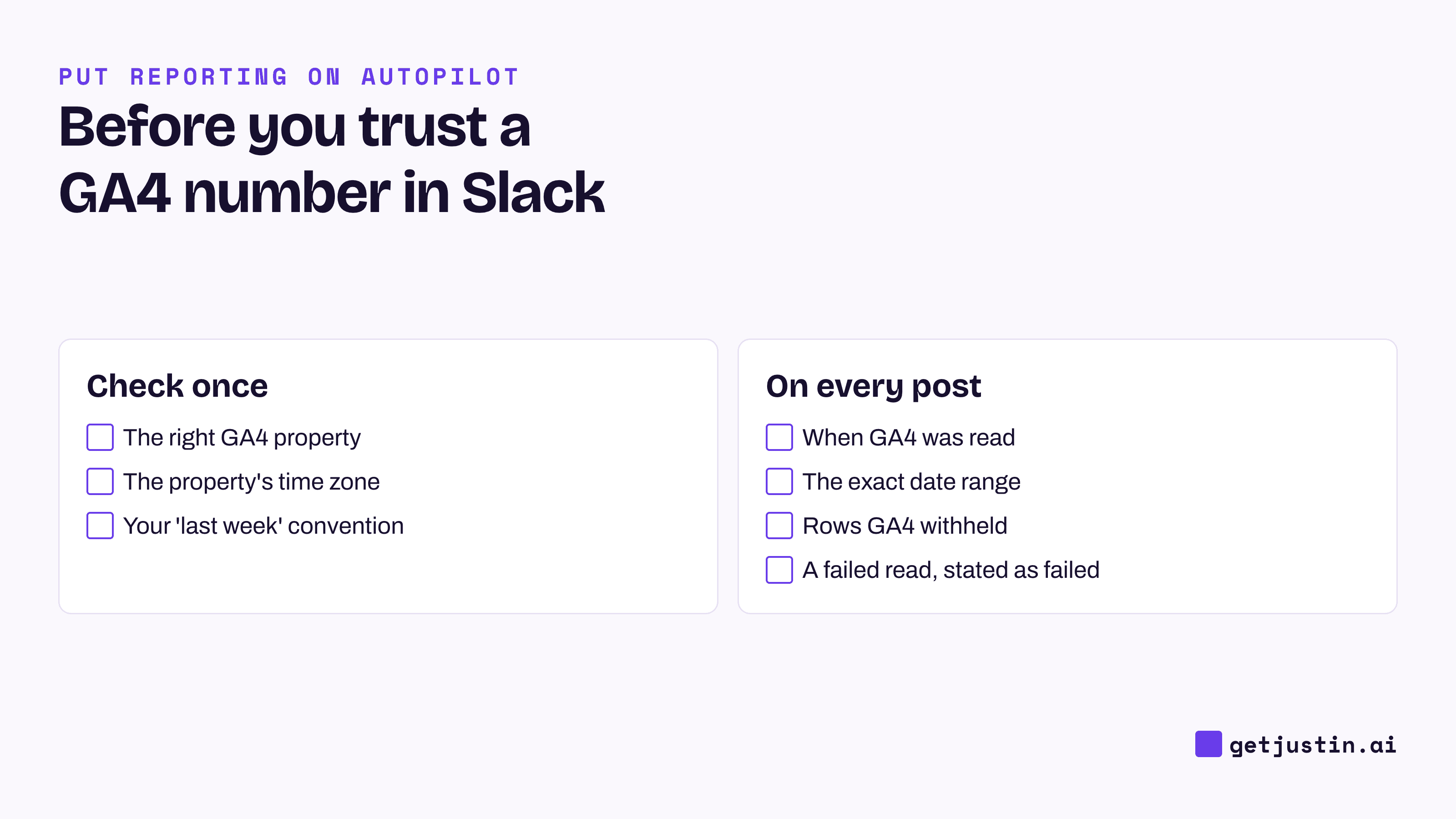 Checklist: check property, time zone and date convention once; each post shows read time, dates, withheld rows, failed reads.