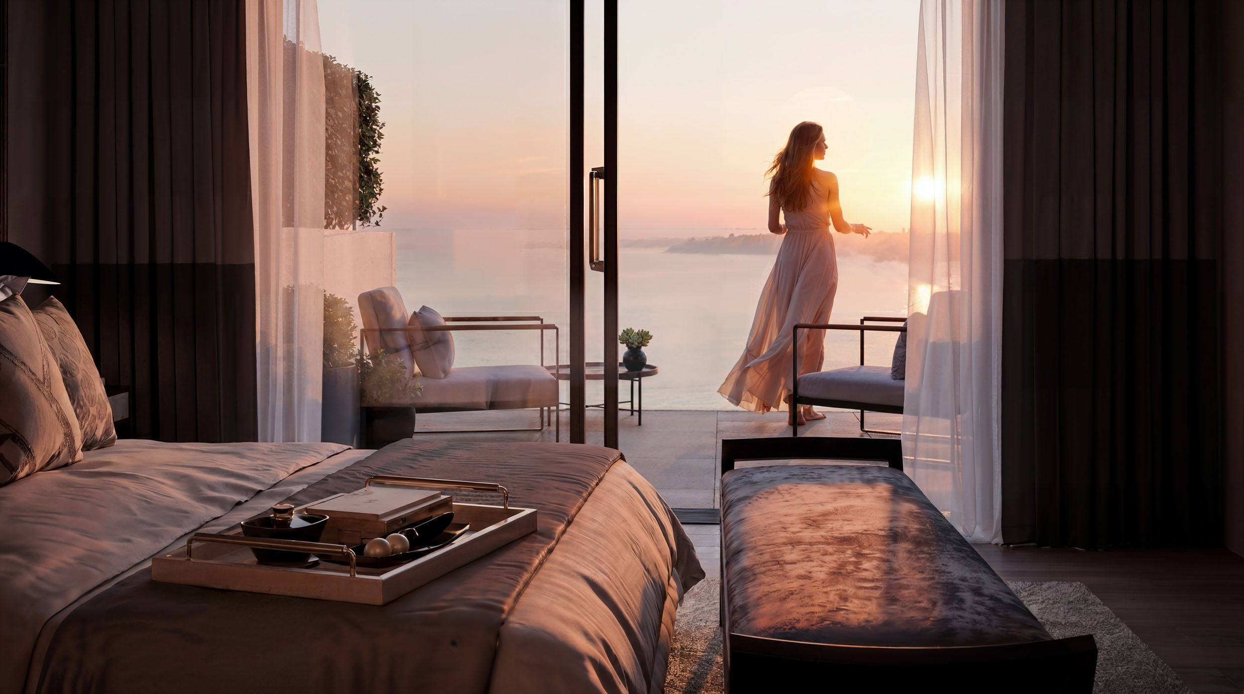 Architectural render: luxury bedroom, sea view.