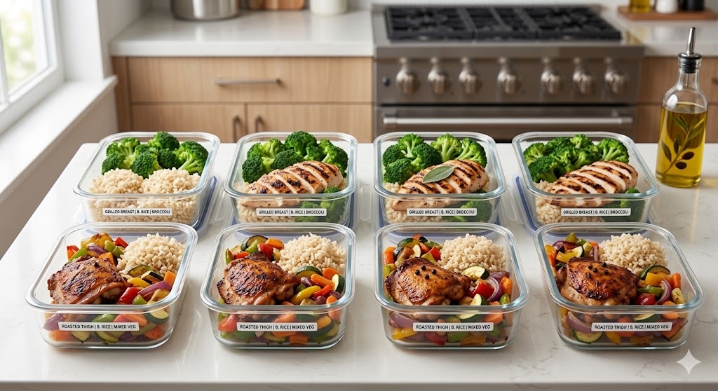 Eight glass meal prep containers on a kitchen counter featuring grilled chicken breast and roasted chicken thighs with brown rice, broccoli, and mixed vegetables, labeled and ready for the week.