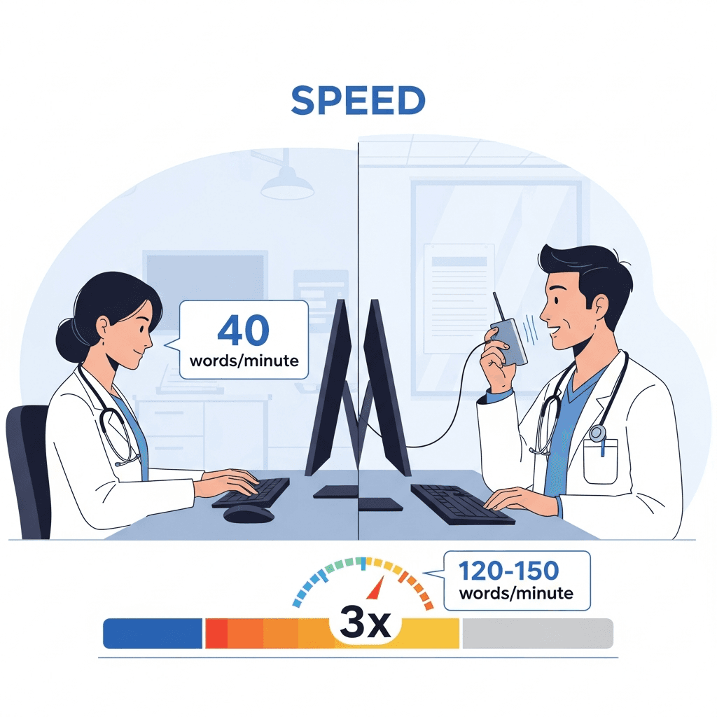 A clean, professional medical illustration showing the speed comparison between typing and voice dictation for clinical documentation. Split-screen composition: left side shows a physician slowly typing at a computer keyboard with "40 words/minute" displayed, right side shows the same physician speaking into a modern voice dictation device with "120-150 words/minute" displayed. Include a visual speed indicator like a speedometer or progress bars showing the 3-4x difference. Modern healthcare setting, soft blue and white color scheme, professional medical office background, clinical atmosphere.