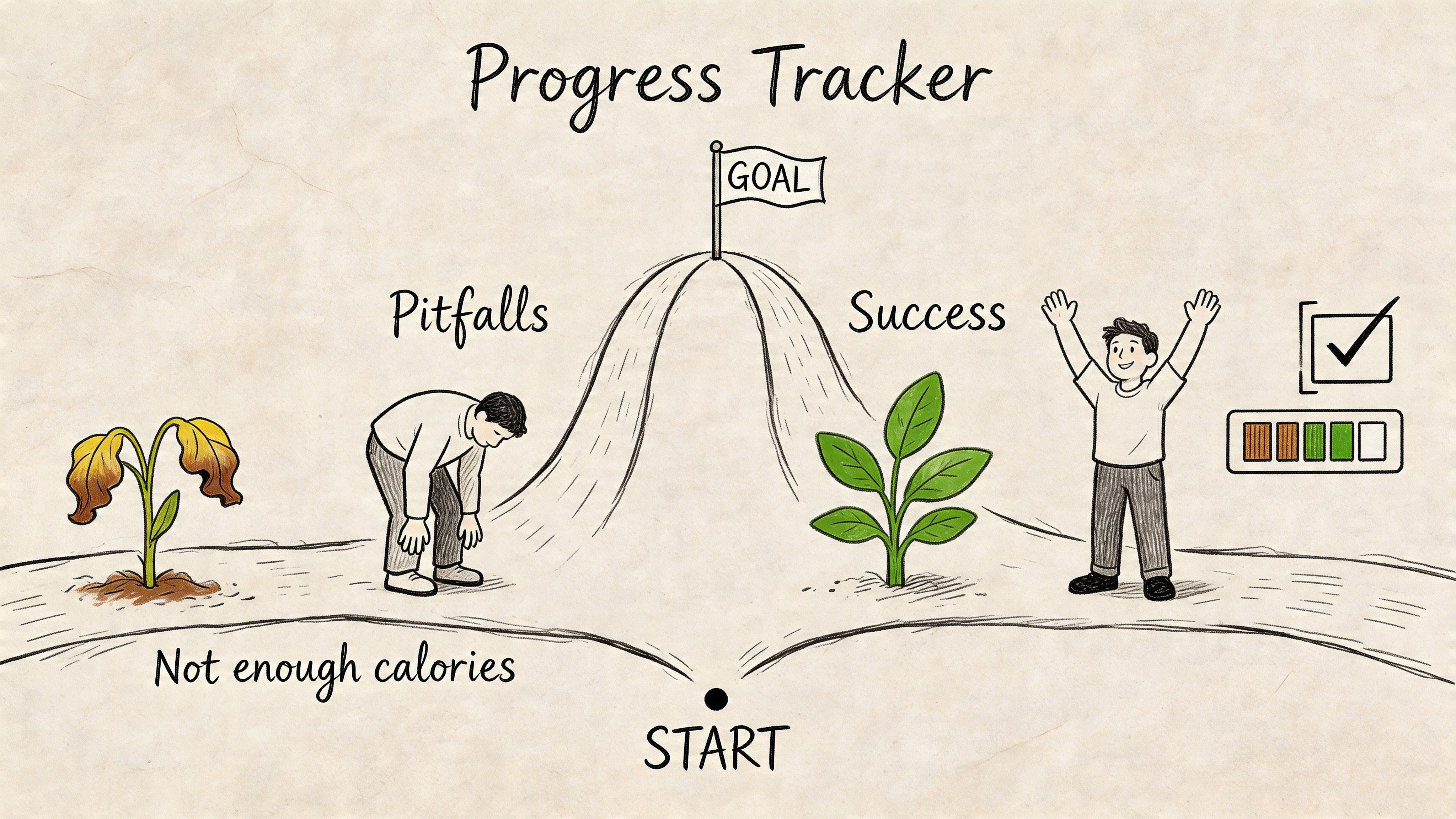 A progress tracker illustration showing the path to health success versus pitfalls of restrictive eating habits.
