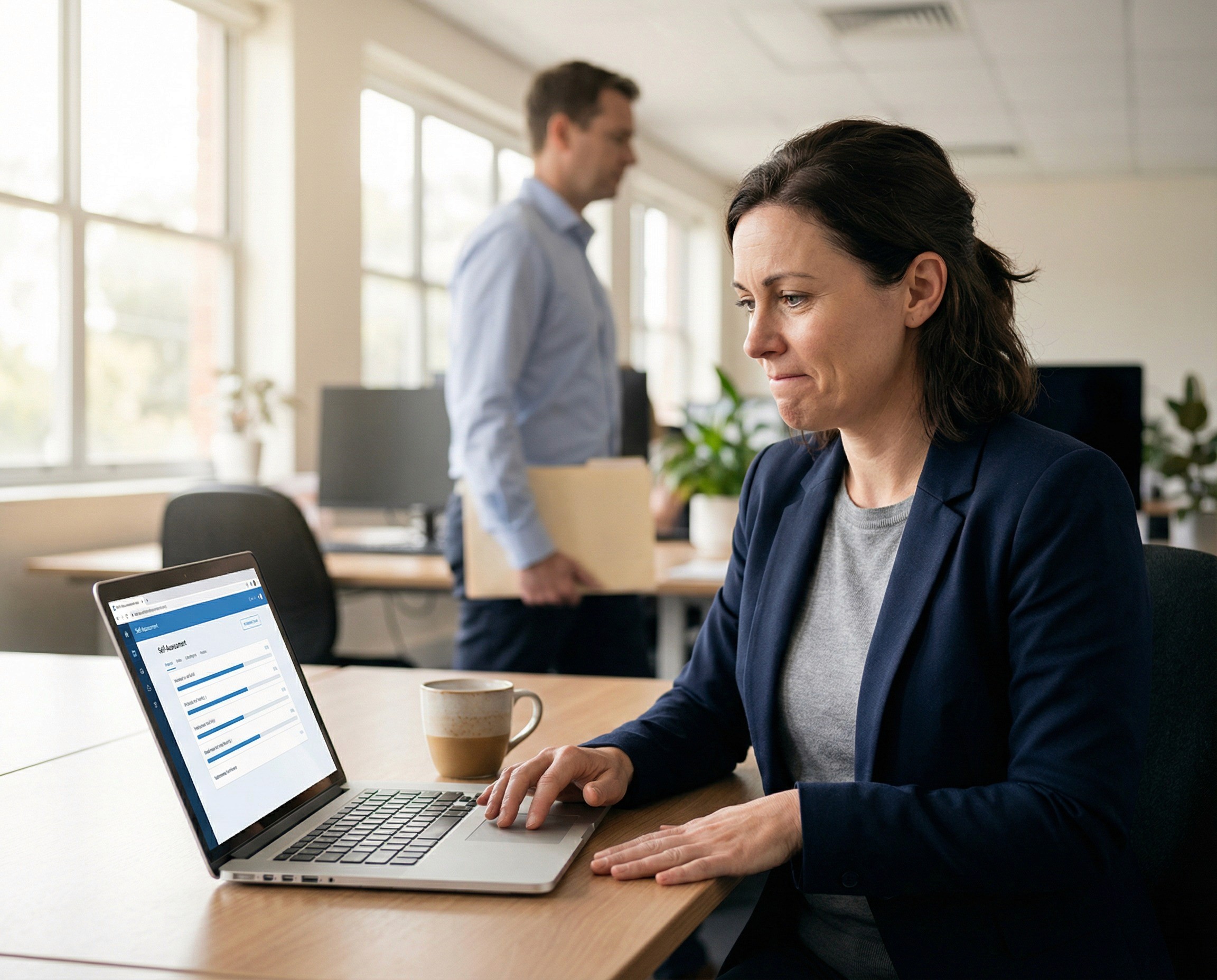 A WHS manager in her early 40s sitting at her desk on a normal Tuesday morning, laptop open, coffee beside her, pausing before she starts her day. She has one hand on the laptop trackpad and the other resting on the desk, looking at the screen with the honest, slightly uncomfortable expression of someone about to find out something she probably should have checked sooner — not dread, not alarm, just the particular face of someone choosing to ask the question rather than waiting for someone else to ask it for her. The screen shows a clean, structured assessment interface — a short series of sections with progress indicators, the kind of thing that takes fifteen minutes — visible in layout but not legible. Her office is a normal, mid-sized Australian workplace: open-plan desks visible behind her, a colleague walking past with a folder, morning light through the windows. Everything is ordinary. The only thing unusual is that she is about to be honest with herself about where her organisation stands. The scene captures the readiness check as what it actually is — a fifteen-minute self-assessment that a real person takes at their real desk on a real morning, because knowing where you stand is better than guessing.