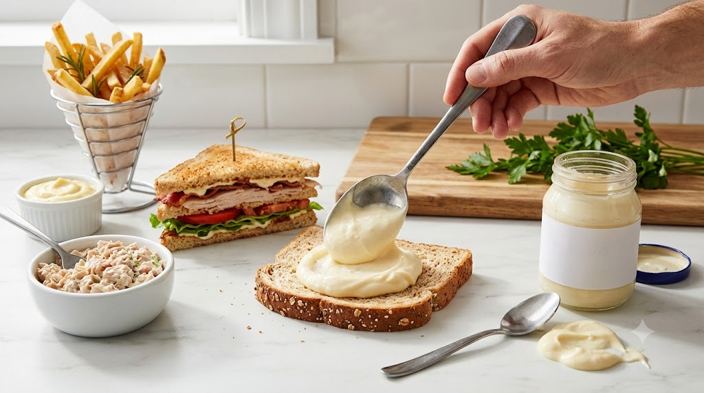 A bright editorial food photograph on a marble counter, showing a hand using a large spoon to spread a large serving of healthy mayonnaise on whole wheat bread. A tuna salad bowl, a turkey club sandwich, and a basket of fries with aioli are placed around a blank-labeled mayo jar, illustrating common foods with hidden calories.