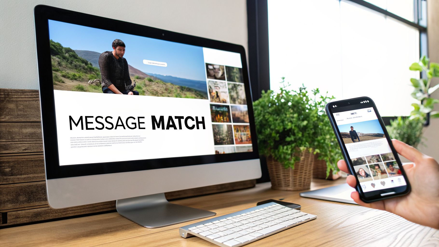 A desktop monitor and smartphone display a 'MESSAGE MATCH' website for online dating.