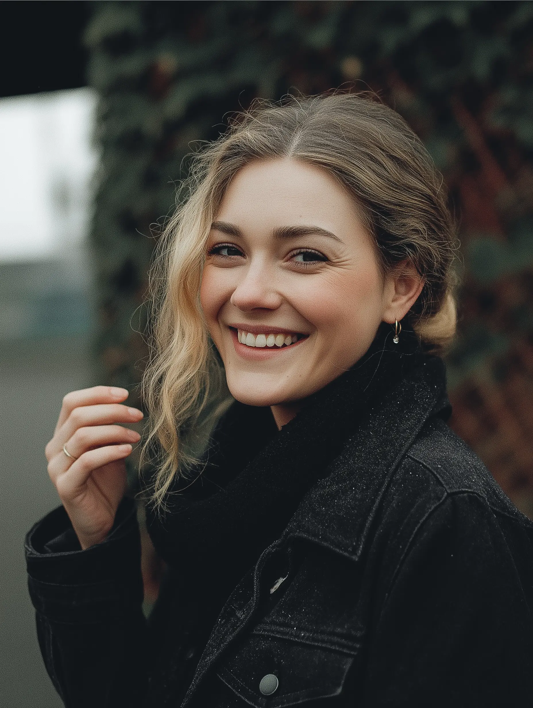 A woman in a black jacket smiles warmly at the camera, exuding a friendly and approachable demeanor.