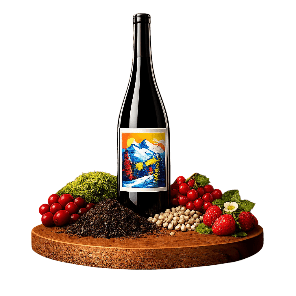 Artistic label and flavor profile for Jura Light Red on a rustic wooden table.