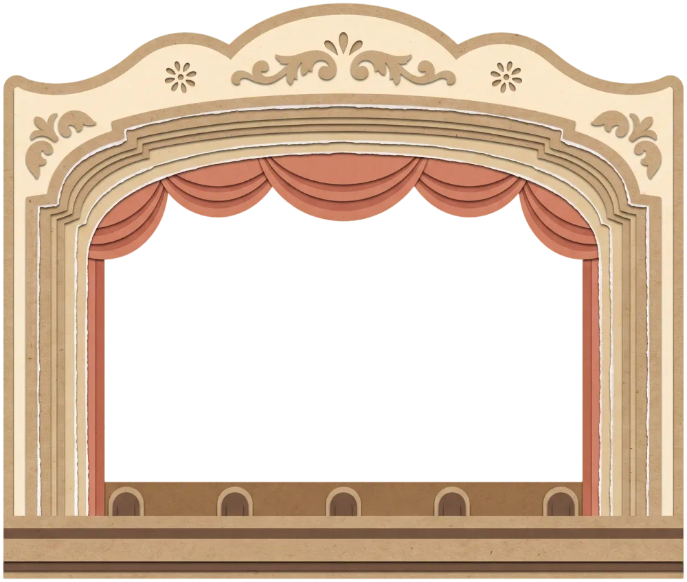 Papiertheater nach Wilhelm Tell: Ein Papierflieger trifft den Apfel auf dem Kopf des Sohnes, das Publikum jubelt.