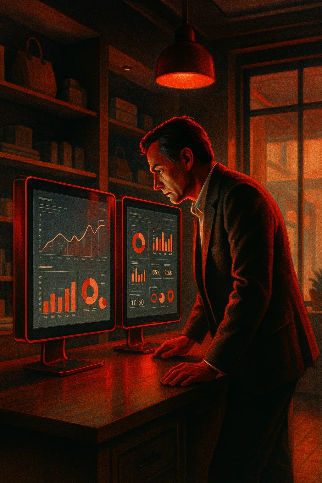 Man analyzing digital marketing data on screens in RockN' Socials office.