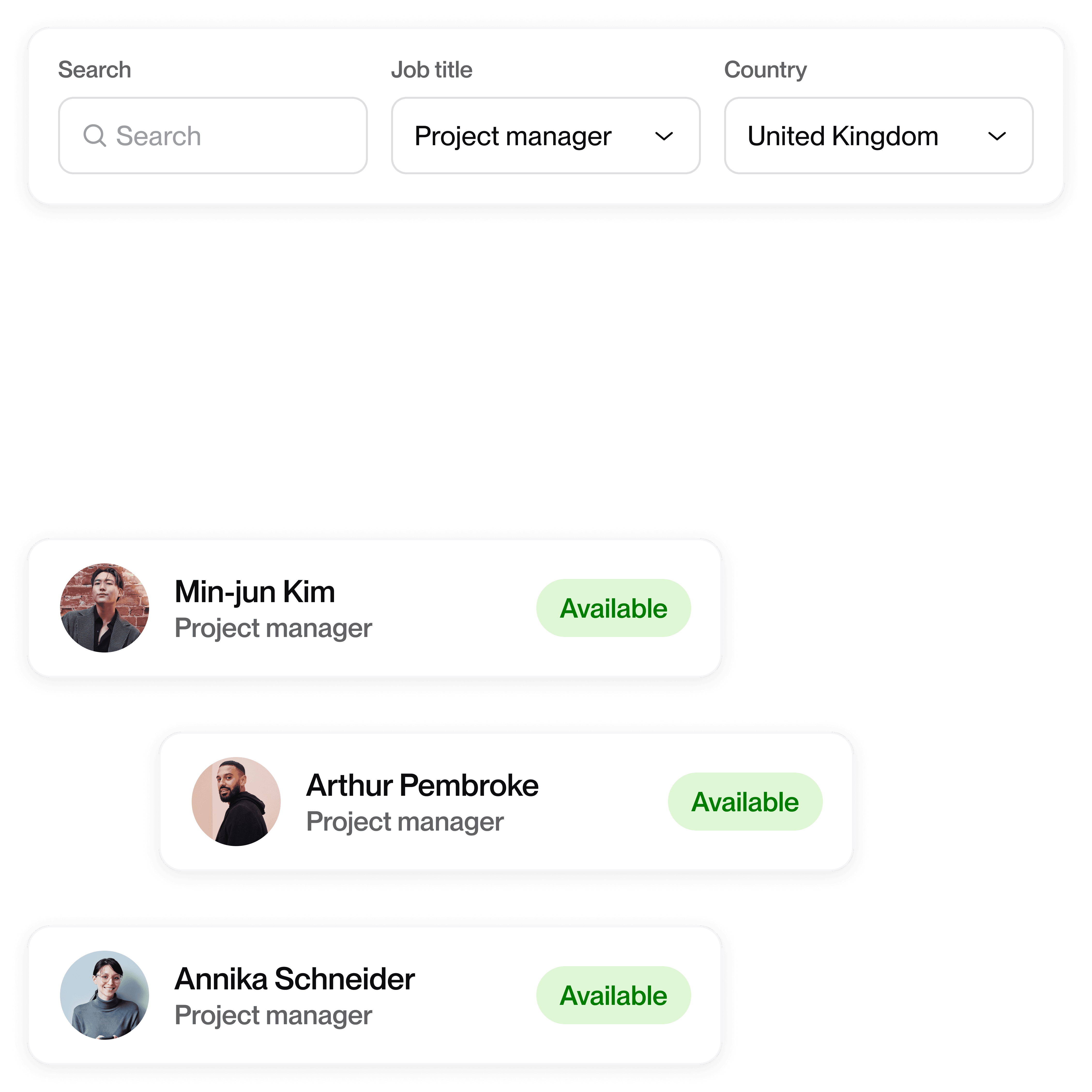 Filter bar showing a search bar, job title selector, and country selector. Below shows available talents based on search settings.