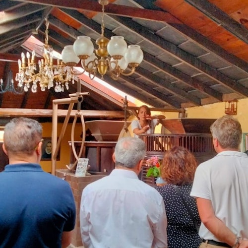 Guide explaining the operation of the mill to a group of people