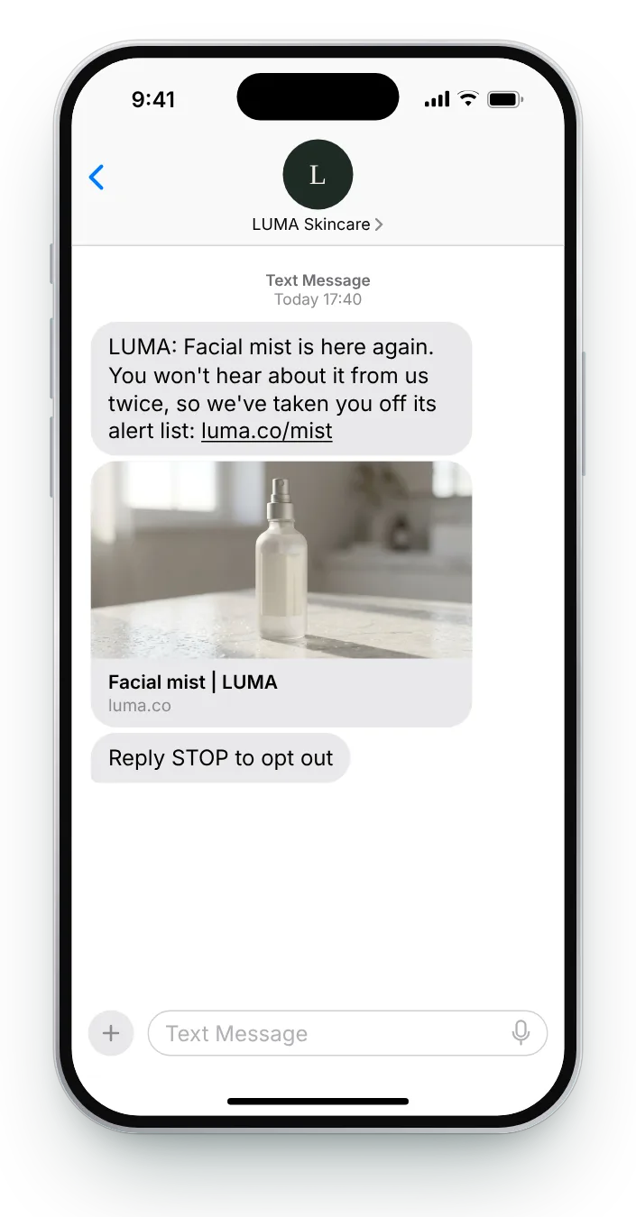 One alert, then off the list back in stock text on an iPhone