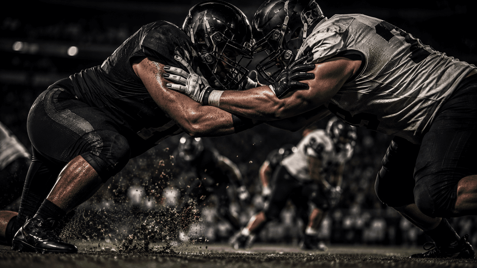 Offensive and defensive linemen colliding at the line of scrimmage