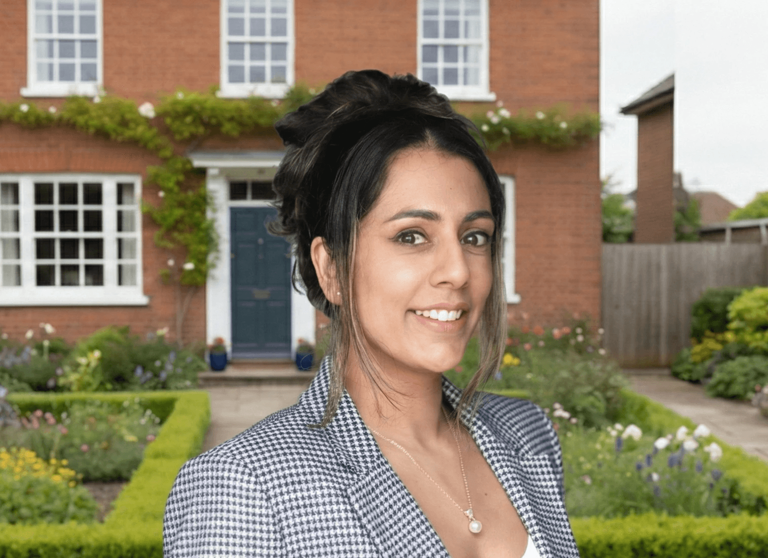 Professional photo of Reshma Thakore, woman with dark hair wearing light colored clothing, smiling at camera