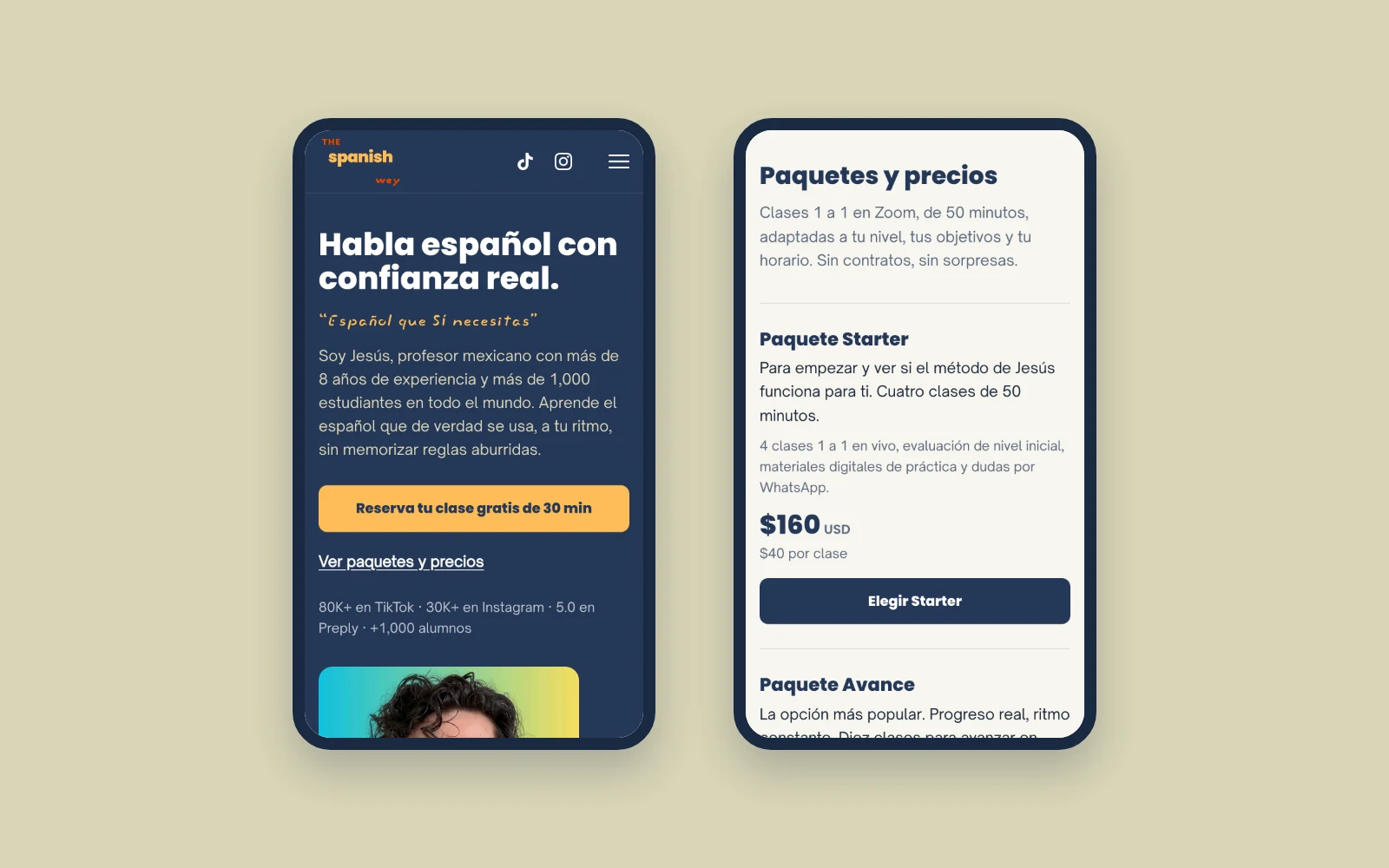 Two phone screenshots of thespanishwey.com: the home screen with the free 30-minute class button, and the class packs with prices